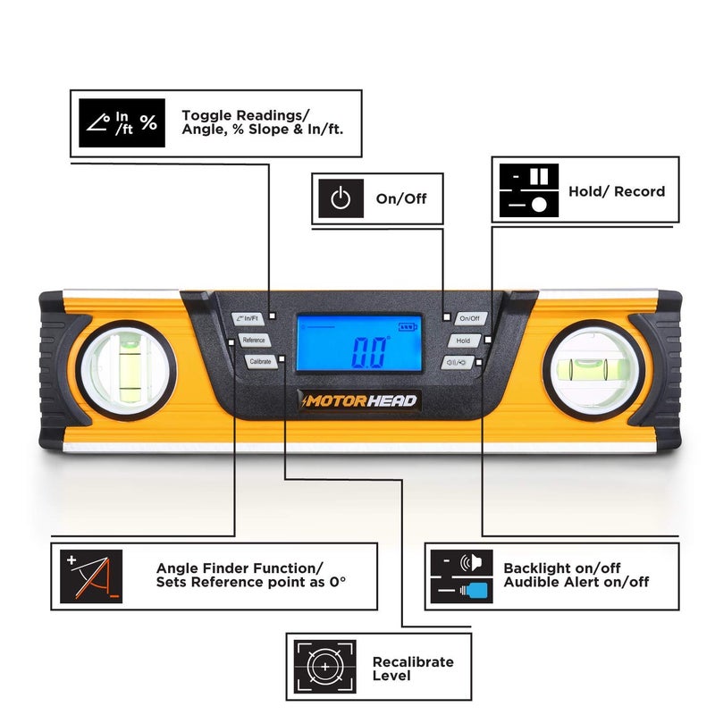 MOTORHEAD 10-Inch 0Â° - 180Â° SMART DIGITAL Level, LCD Screen, Audible Alerts, Water, Dust & Shock Resistant, Magnetic Bottom, Includes Bag, High-Visibility, Solid-Milled Aluminum, USA-Based Support - Image 2